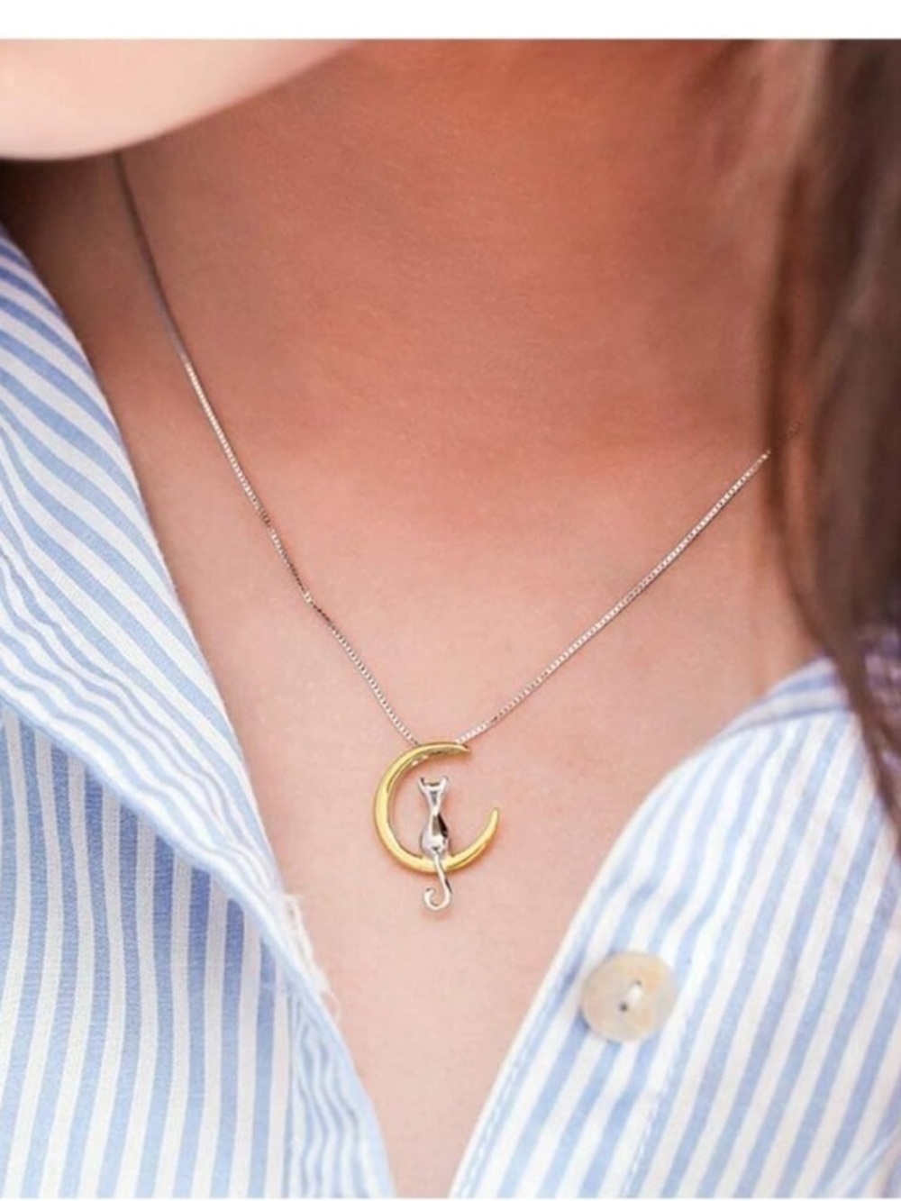 Sterling silver cat / moon necklace